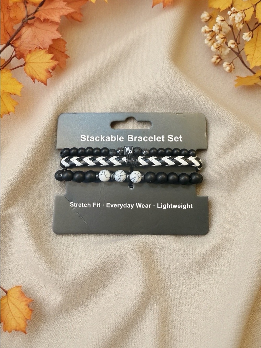 Black Stackable Beaded Bracelet Set Faux Leather Stretch No Clasp Round Beads